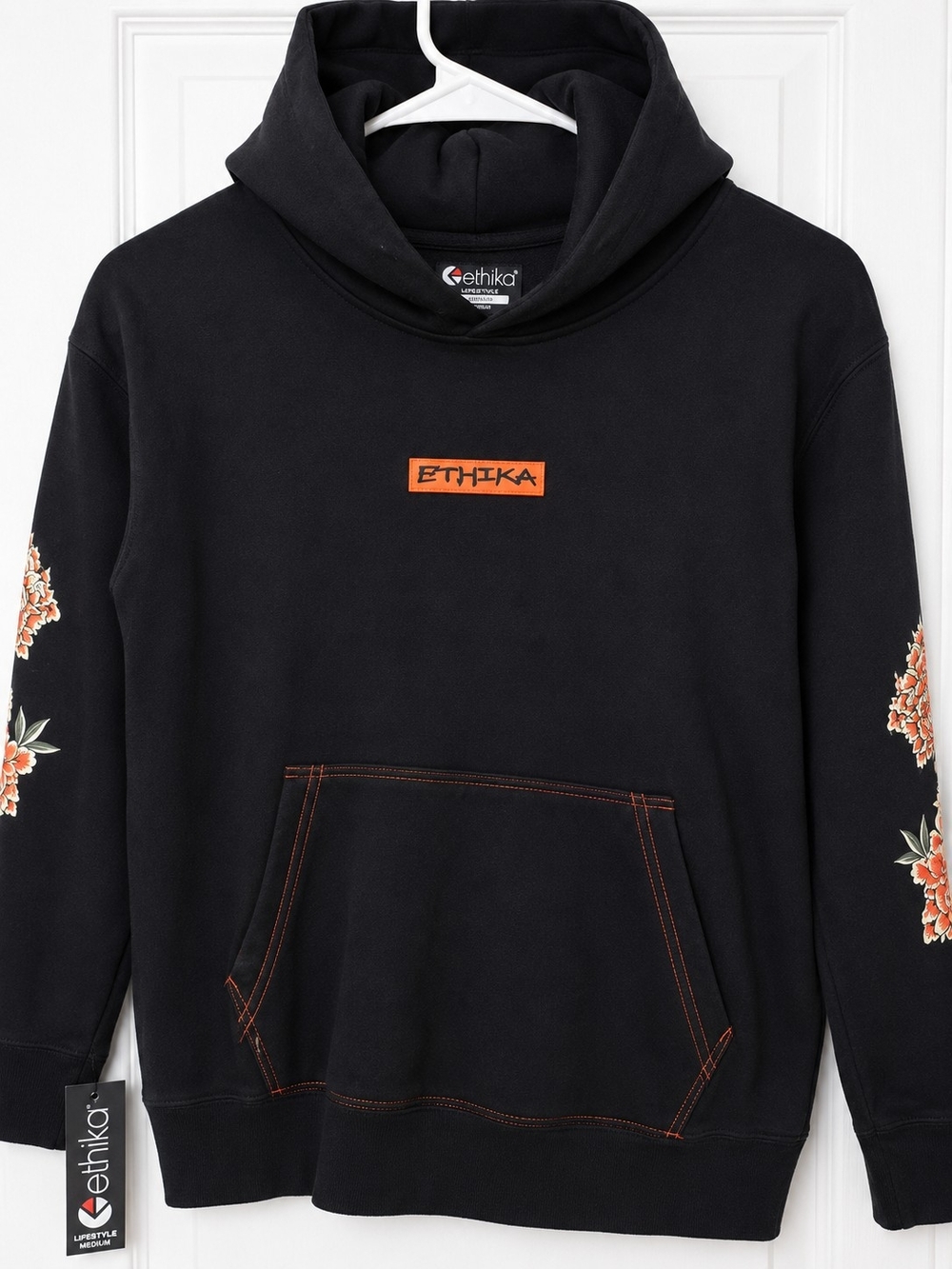 ethika Black Hoodie with Orange Logo and Floral Sleeve Accents